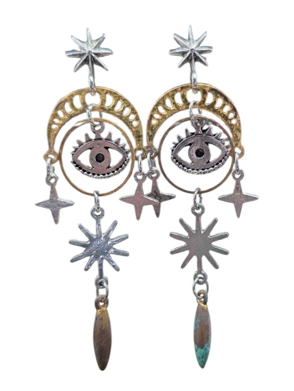 Celestial Evil Eye Sun Star Mixed Metal Dangle Earrings Witchy Boho